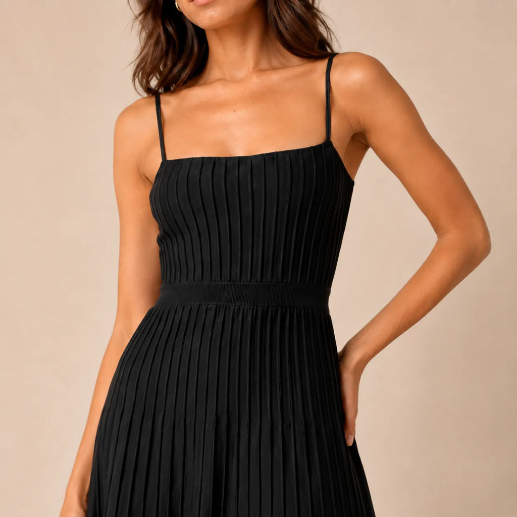 Vestido Feminino Midi Plissado Alça Fina – Ivy