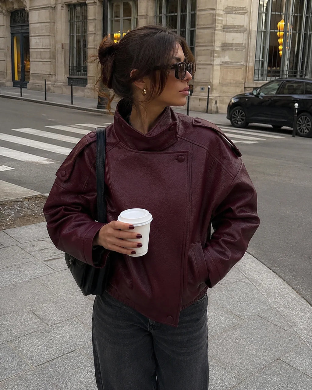 Jaqueta Feminina Oversized Couro Bomber Gola Alta Milano
