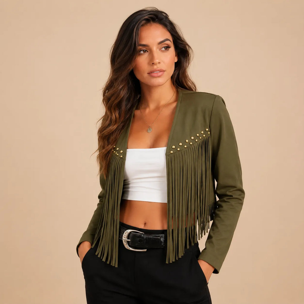 Jaqueta Feminina Curta com Franjas e Tachas – Austin