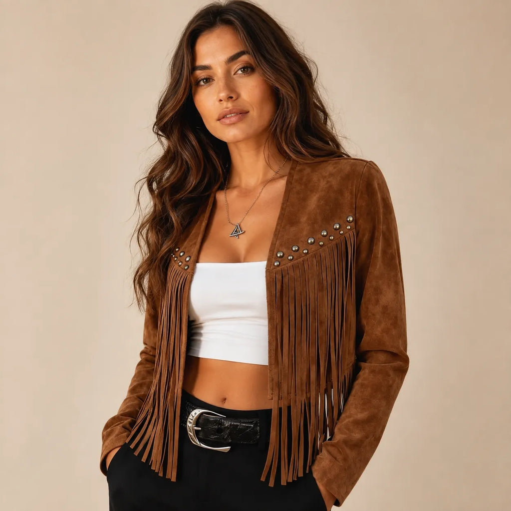 Jaqueta Feminina Curta com Franjas e Tachas – Austin