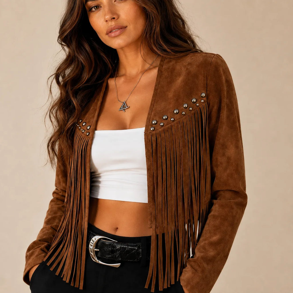 Jaqueta Feminina Curta com Franjas e Tachas – Austin