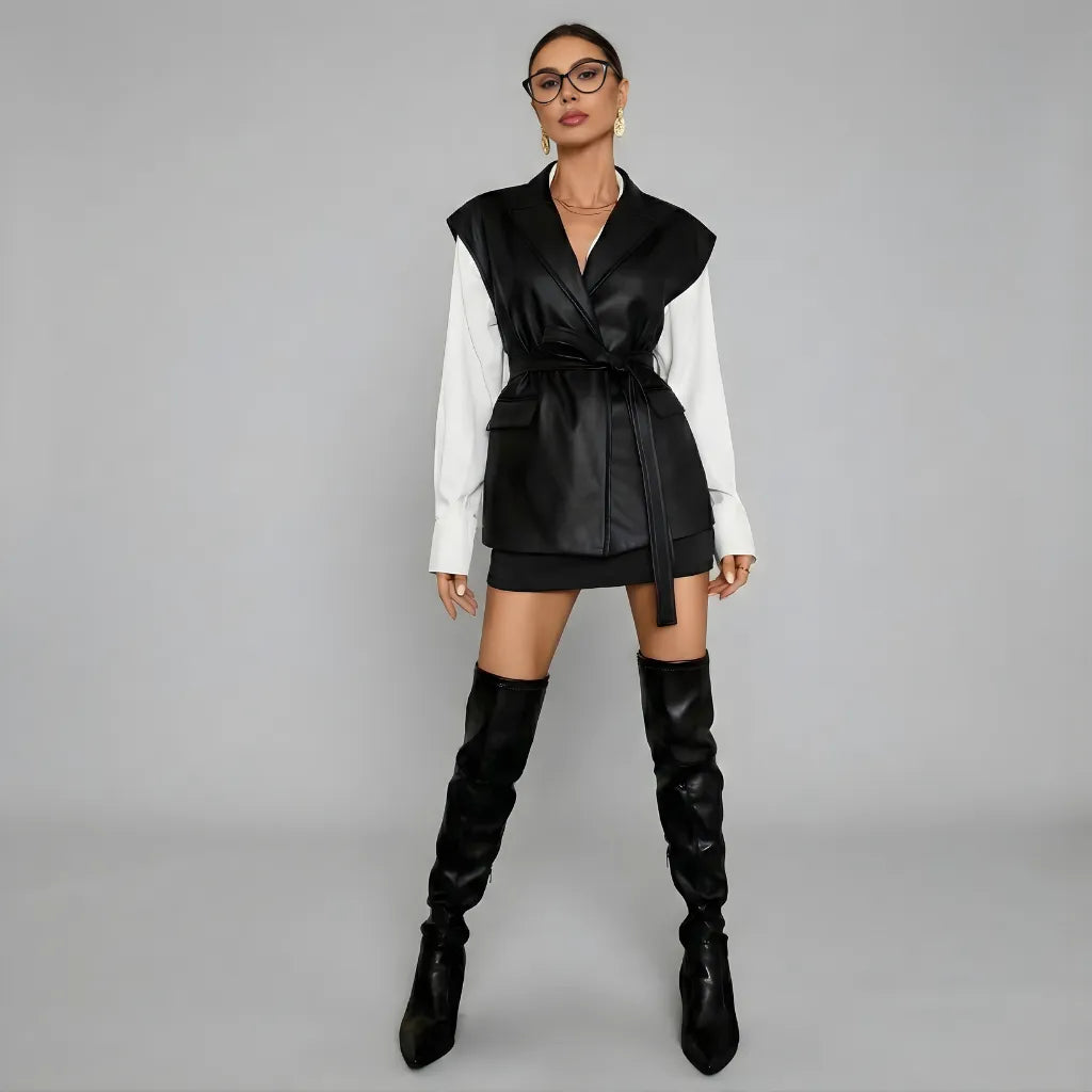Colete Feminino Preto em Couro com Cinto Luxo