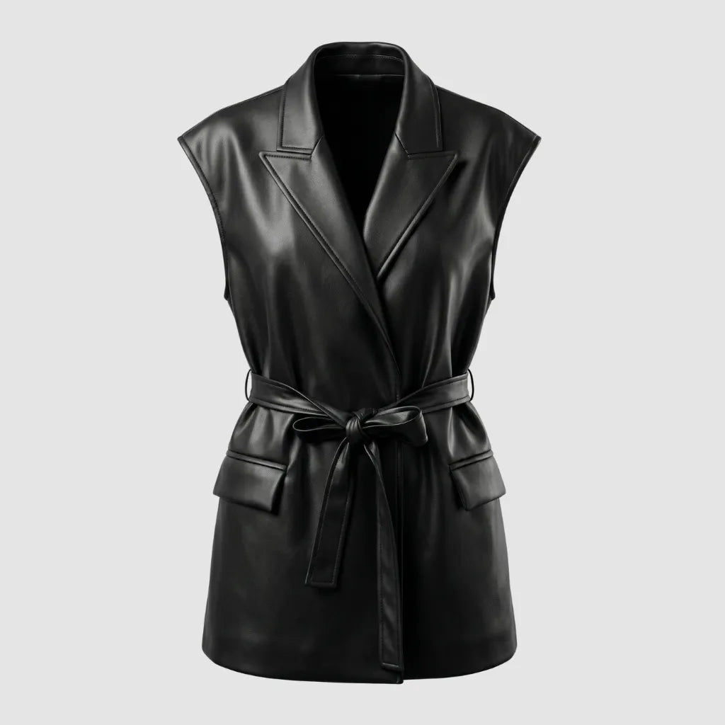 Colete Feminino Preto em Couro com Cinto Luxo