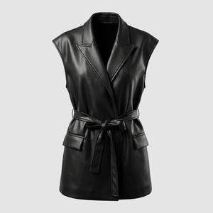 Colete Feminino Preto em Couro com Cinto Luxo