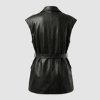 Colete Feminino Preto em Couro com Cinto Luxo