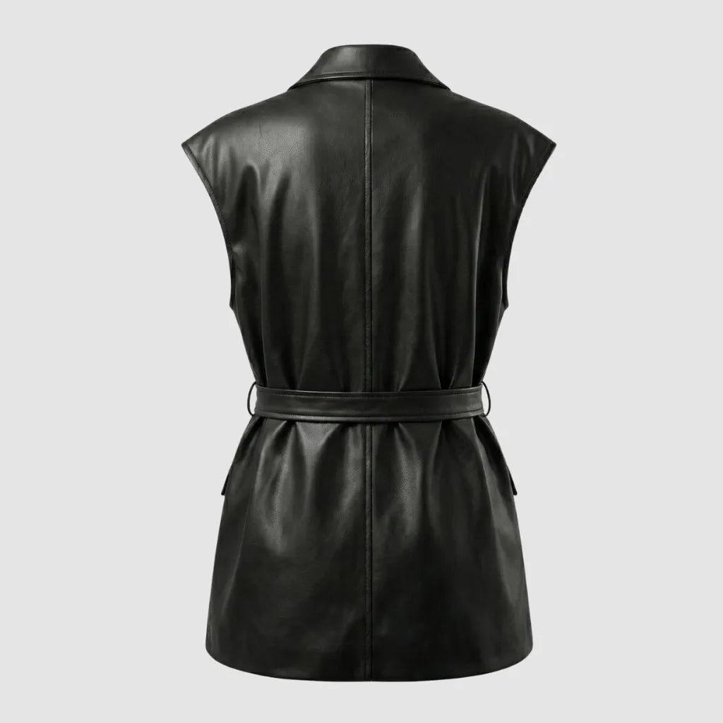 Colete Feminino Preto em Couro com Cinto Luxo