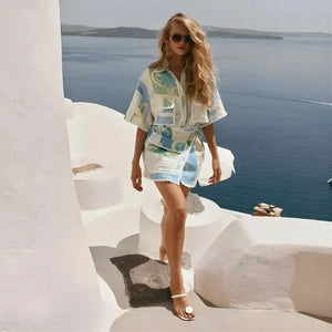 Conjunto Feminino Estampa Floral Azul e Verde Verão