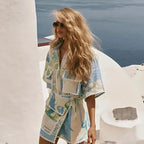 Conjunto Feminino Estampa Floral Azul e Verde Verão