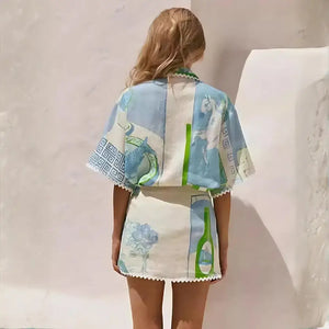 Conjunto Feminino Estampa Floral Azul e Verde Verão