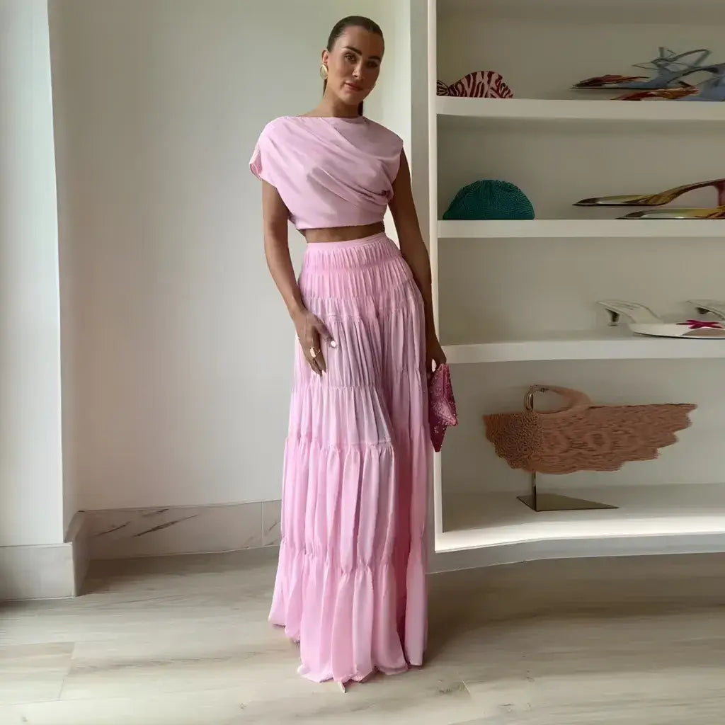 Conjunto Feminino Rosa Saia Longa e Blusa Cropped