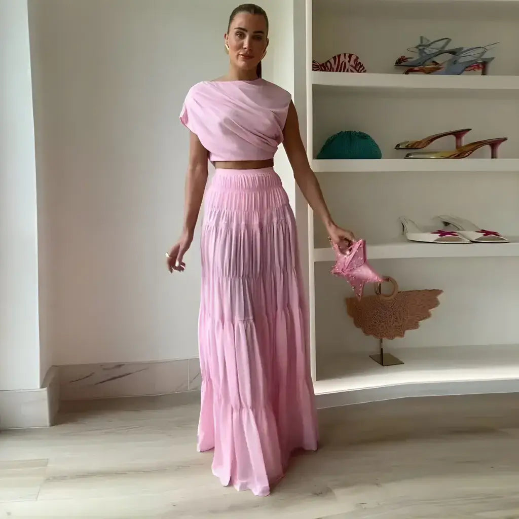 Conjunto Feminino Rosa Saia Longa e Blusa Cropped