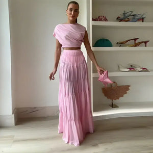 Conjunto Feminino Rosa Saia Longa e Blusa Cropped