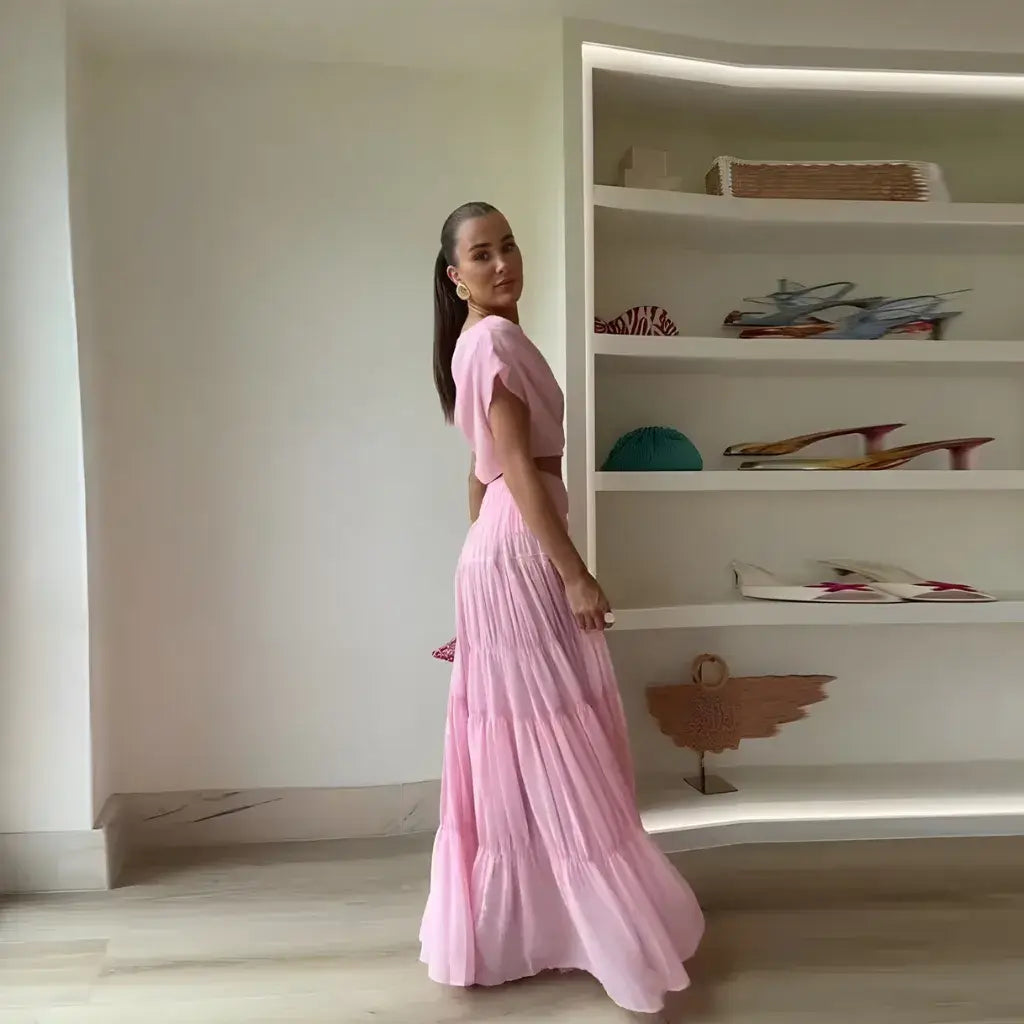 Conjunto Feminino Rosa Saia Longa e Blusa Cropped