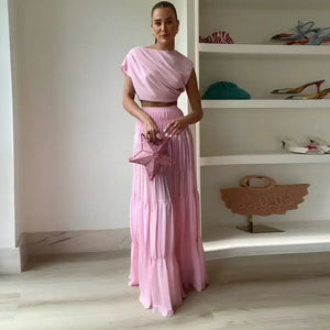 Conjunto Feminino Rosa Saia Longa e Blusa Cropped