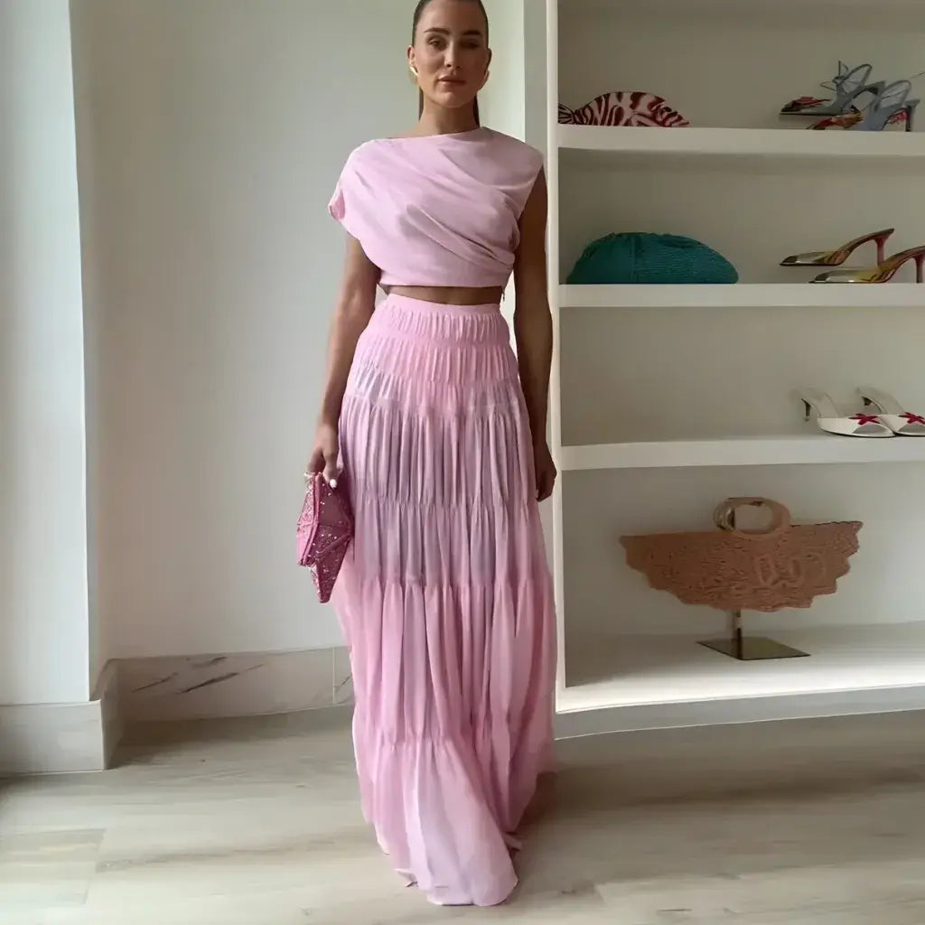 Conjunto Feminino Rosa Saia Longa e Blusa Cropped