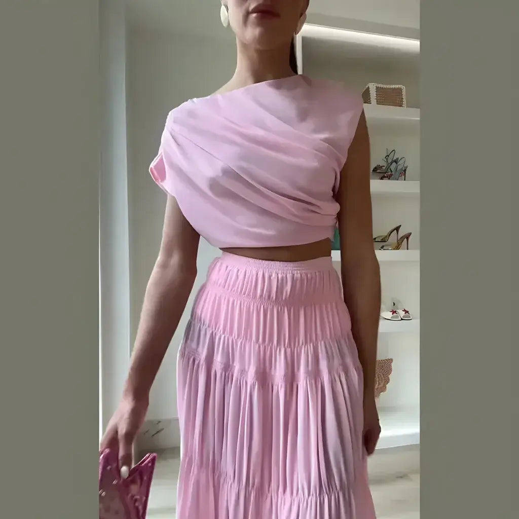 Conjunto Feminino Rosa Saia Longa e Blusa Cropped