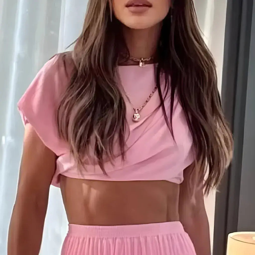 Conjunto Feminino Rosa Saia Longa e Blusa Cropped