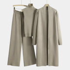 Conjunto Feminino Tricô 3 Peças Cardigan Longo Bege Elegante Inverno Feminino