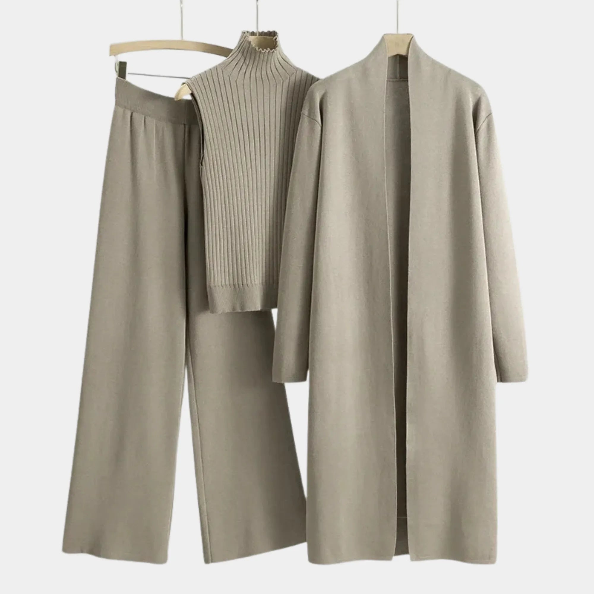 Conjunto Feminino Tricô 3 Peças Cardigan Longo Bege Elegante Inverno Feminino