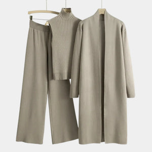Conjunto Feminino Tricô 3 Peças Cardigan Longo Bege Elegante Inverno Feminino
