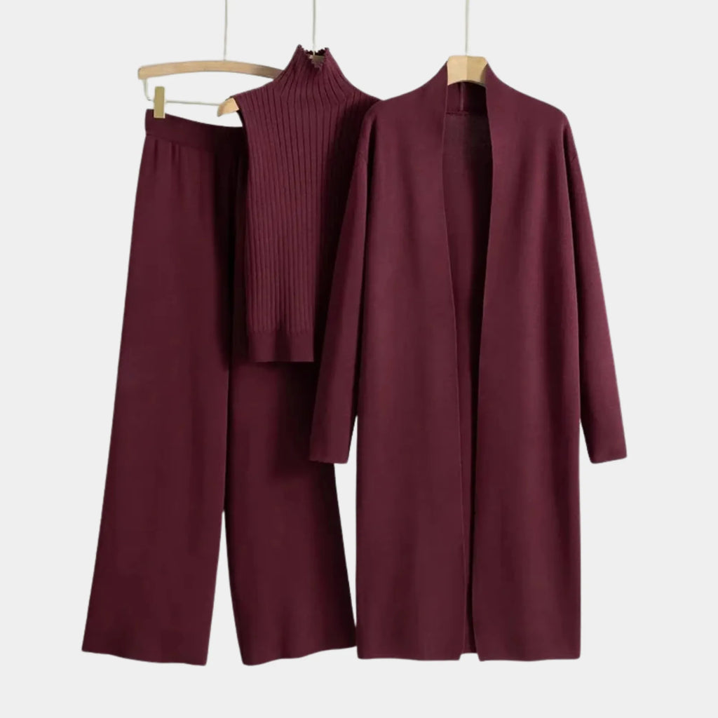 Conjunto feminino tricô bordô 3 peças com cardigan longo elegante e modelagem sofisticada