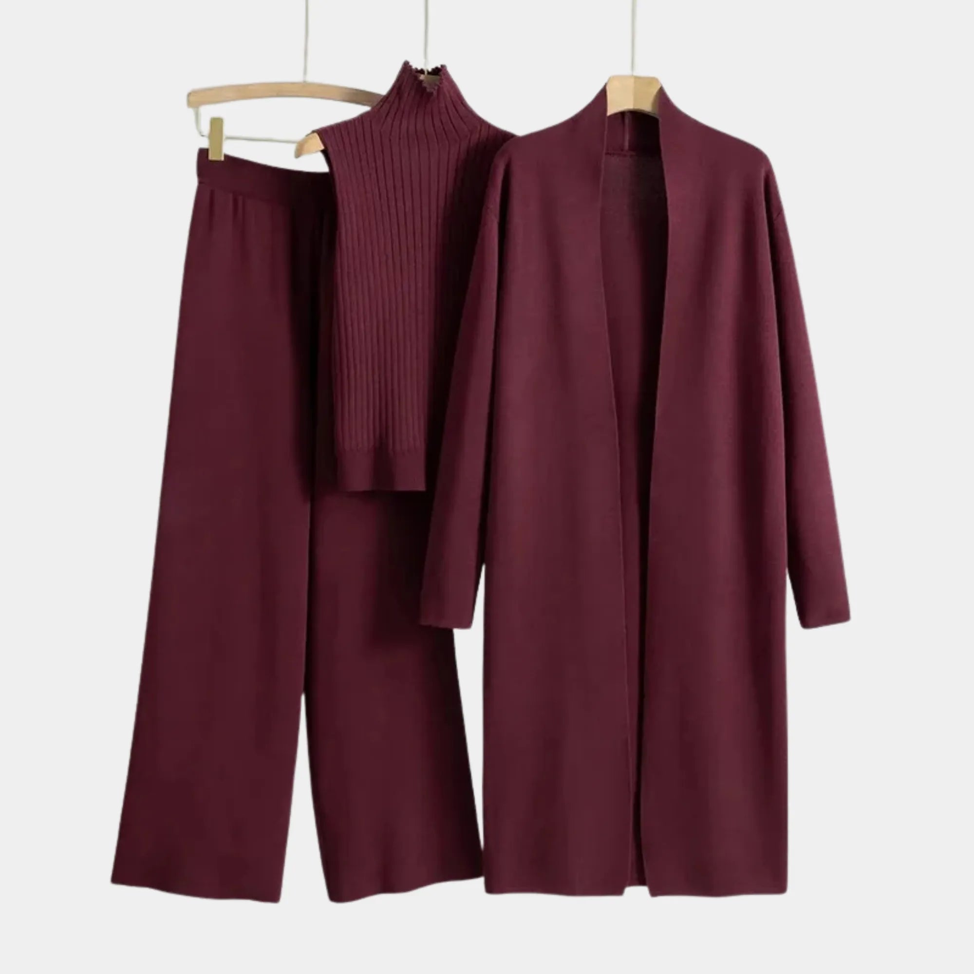 Conjunto feminino tricô bordô 3 peças com cardigan longo elegante e modelagem sofisticada