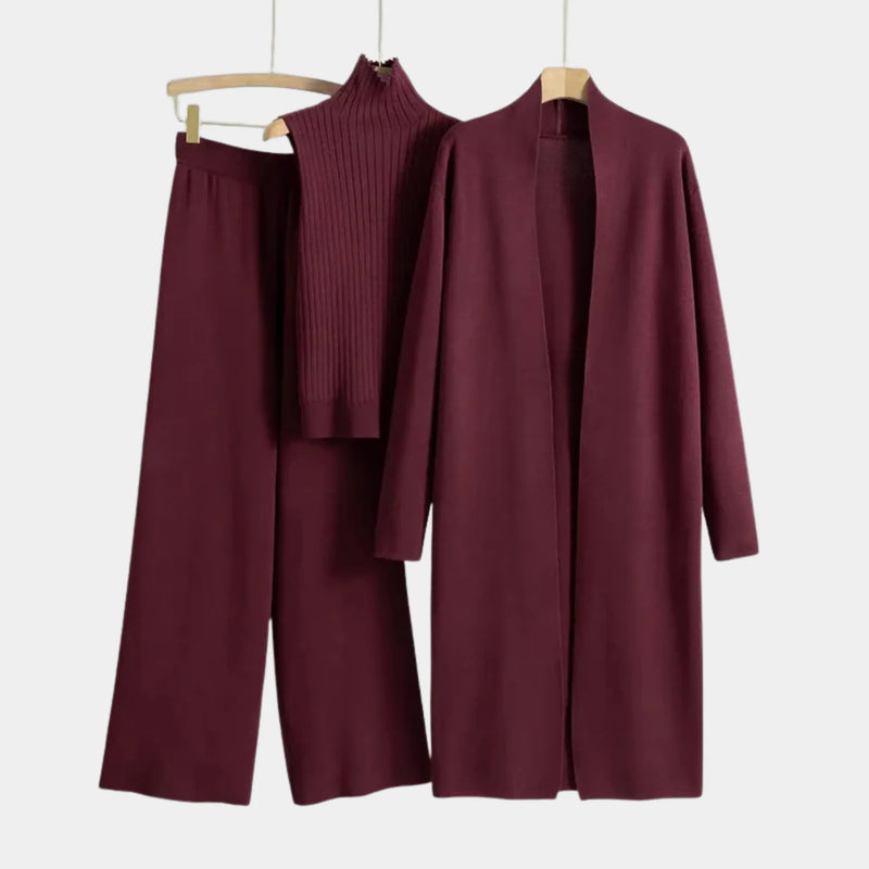 Conjunto Feminino Tricô 3 Peças Cardigan Longo Bordô - Naomi