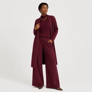 Conjunto bordô feminino em tricô premium com cardigan alongado, top e calça confortável