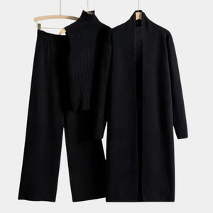 Conjunto feminino tricô 3 peças preto com cardigan longo elegante e modelagem sofisticada