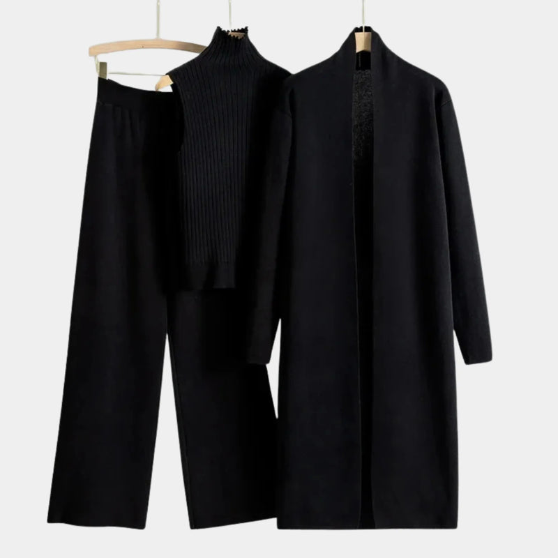 Conjunto Feminino Tricô 3 Peças Cardigan Longo Preto - Naomi