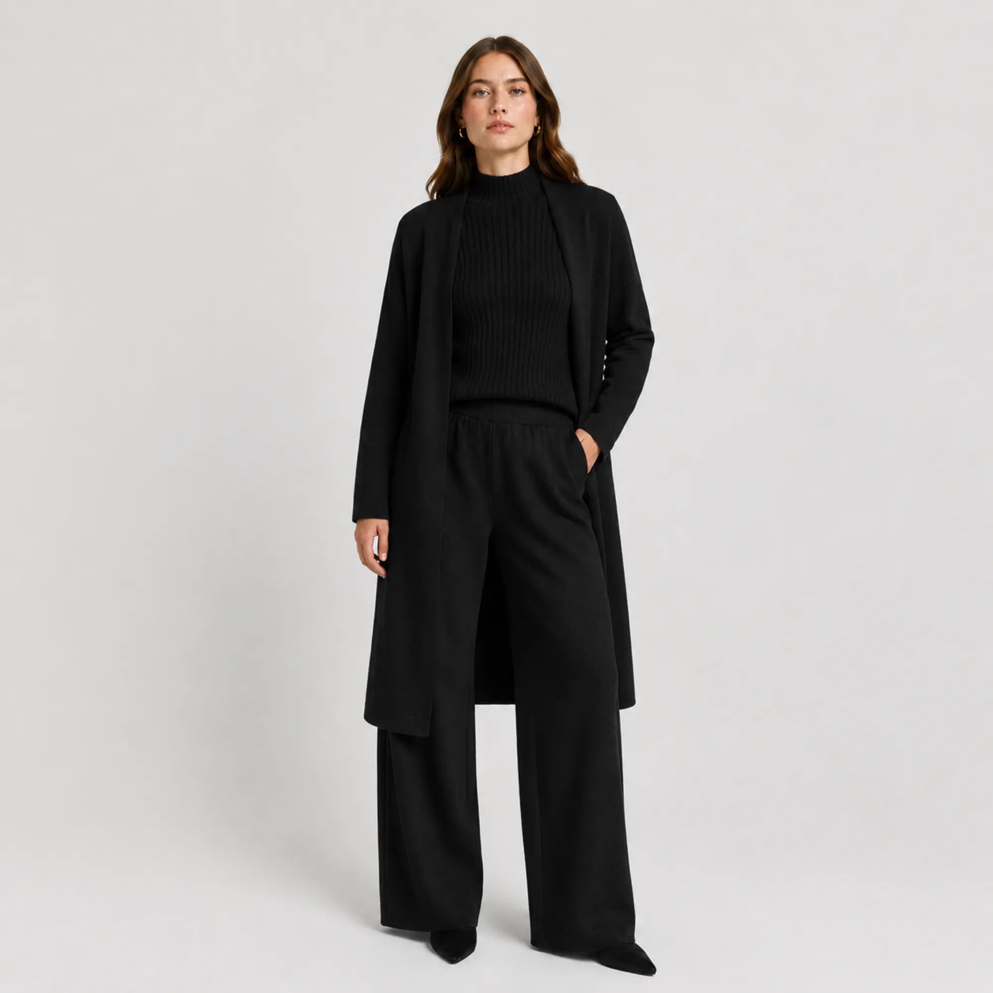 Conjunto preto feminino em tricô premium com cardigan longo e caimento sofisticado para inverno