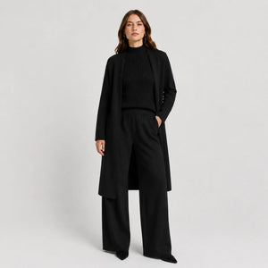 Conjunto preto feminino em tricô premium com cardigan longo e caimento sofisticado para inverno