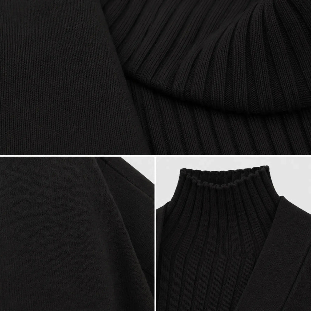 Look feminino preto em tricô com cardigan longo, conjunto confortável e elegante para dias frios