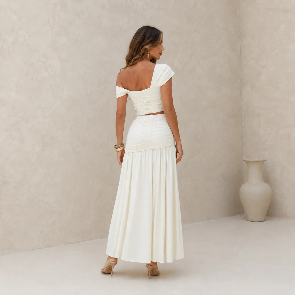 Conjunto Feminino Saia, Cropped e Cinto em Poliamida Off White – Capucine