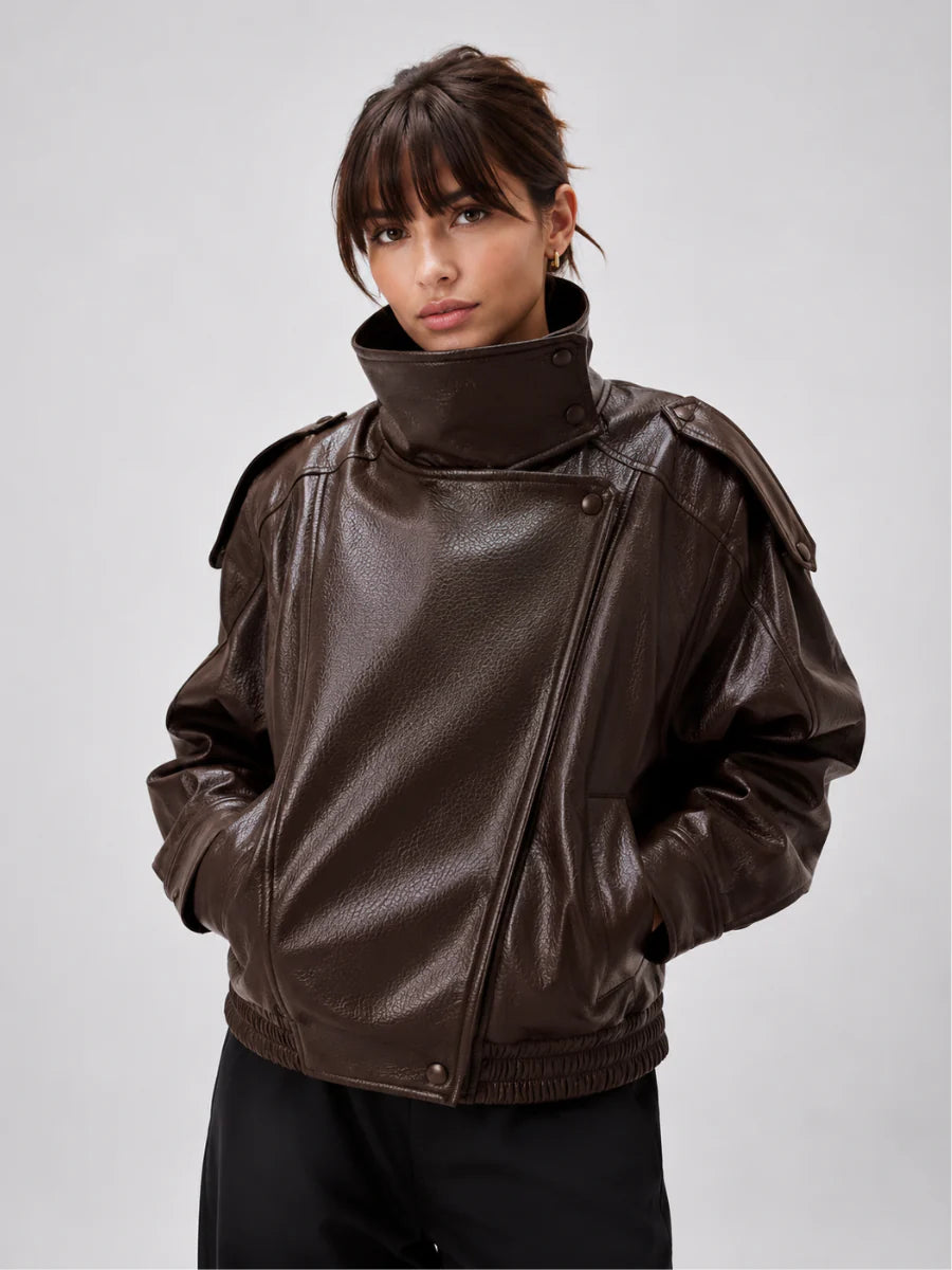 Jaqueta Feminina Oversized Couro Bomber Gola Alta Milano