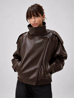 Jaqueta Feminina Oversized Couro Bomber Gola Alta Milano