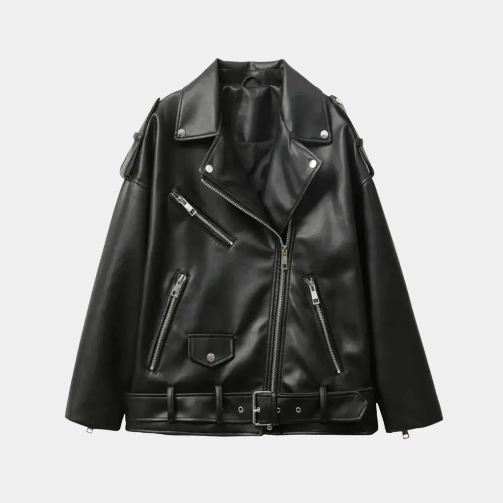 Jaqueta biker feminina preta oversized Valence em PU premium com aparência de couro, cinto ajustável e zíperes metálicos