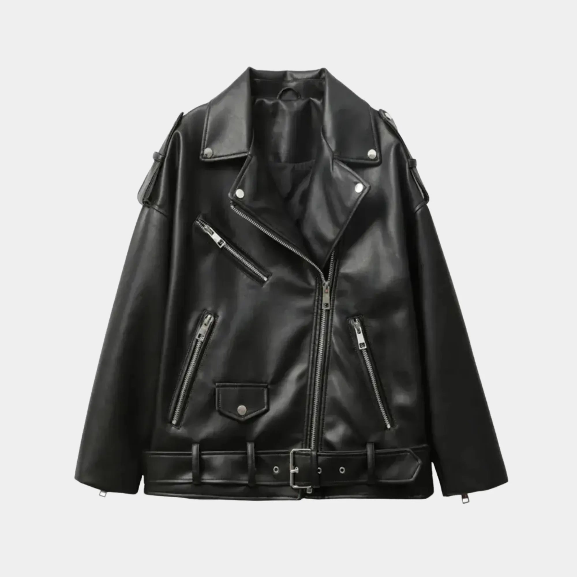 Jaqueta feminina biker oversized de couro preta premium Valence com modelagem moderna, cinto ajustável e zíperes metálicos sofisticados