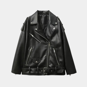 Jaqueta feminina biker oversized de couro preta premium Valence com modelagem moderna, cinto ajustável e zíperes metálicos sofisticados