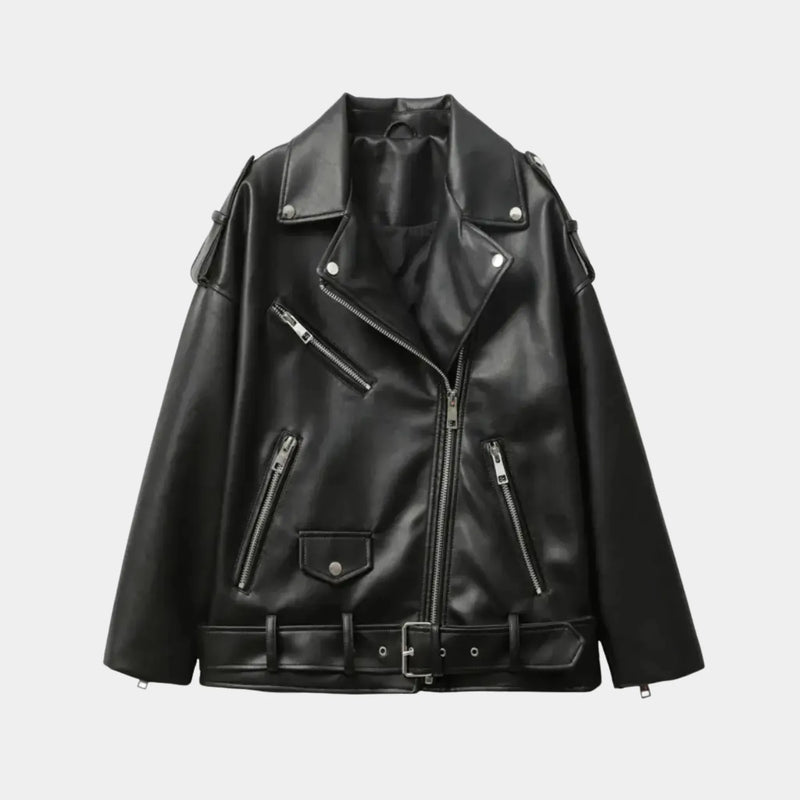 Jaqueta Feminina Biker Oversized de Couro Preta Premium – Valence
