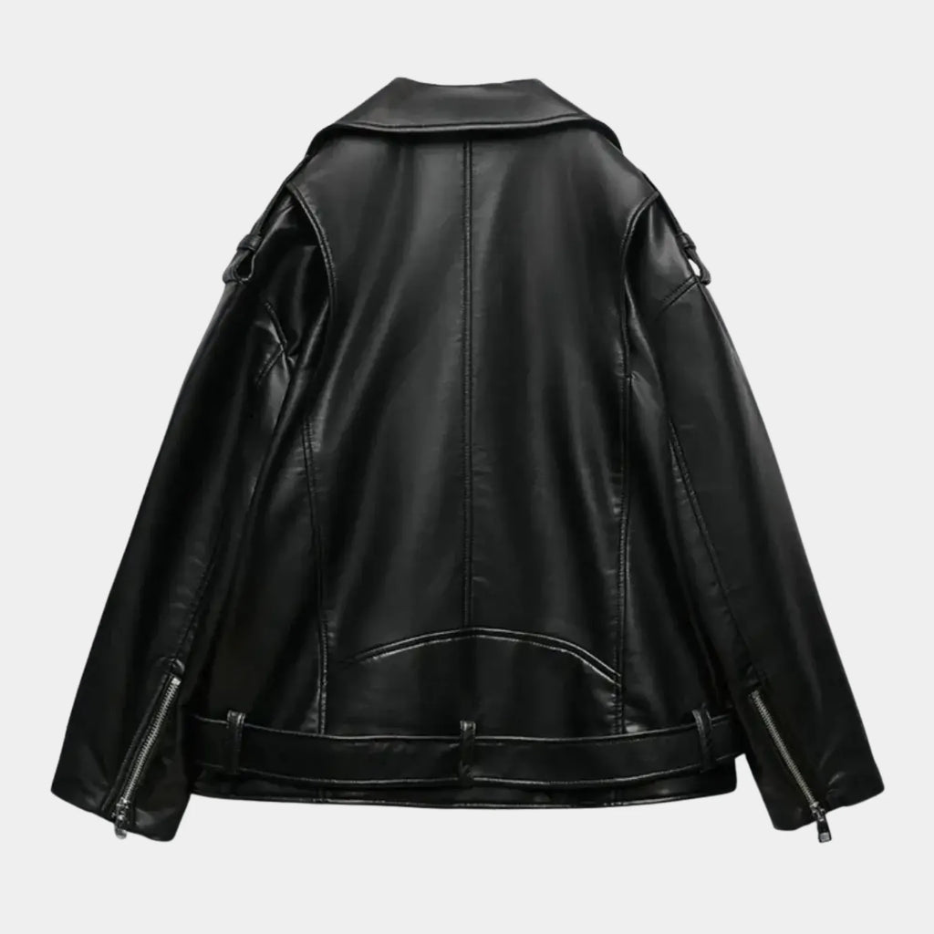 Vista traseira da jaqueta biker feminina preta oversized Valence com zíperes metálicos e visual moderno