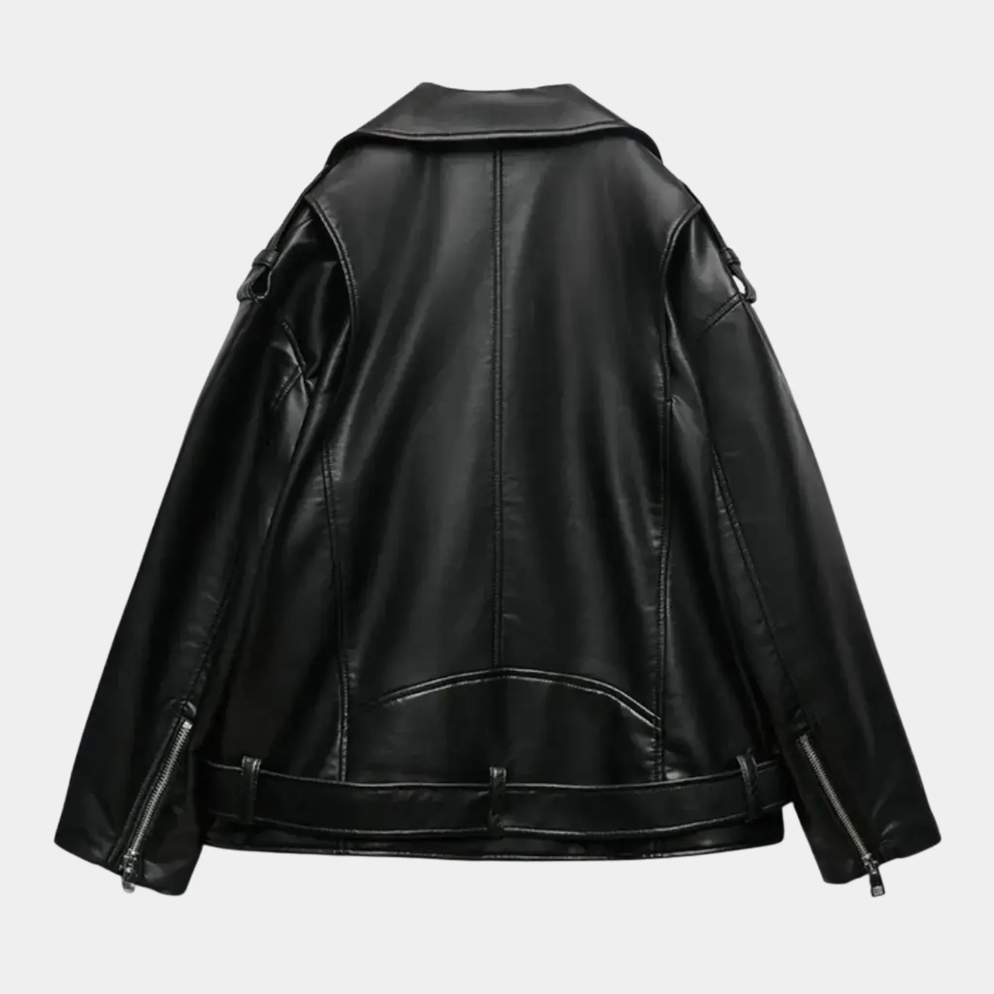 Vista traseira da jaqueta feminina biker oversized de couro preta premium Valence com acabamento sofisticado e zíperes metálicos modernos