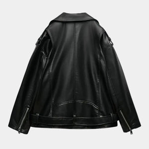 Vista traseira da jaqueta feminina biker oversized de couro preta premium Valence com acabamento sofisticado e zíperes metálicos modernos