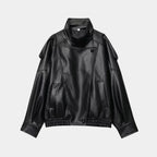 Jaqueta feminina oversized preta em couro premium com gola alta e estilo streetwear elegante
