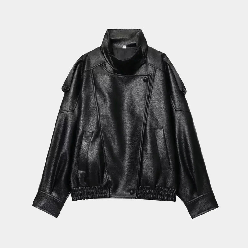 Jaqueta Feminina Oversized Couro Premium Gola Alta Preta – Milano