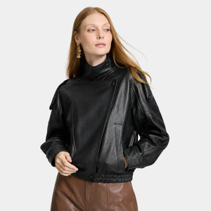 Jaqueta bomber feminina oversized preta em couro ecológico premium com modelagem moderna