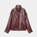 Jaqueta feminina oversized vinho em couro premium com gola alta e visual sofisticado
