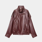 Jaqueta feminina oversized vinho em couro premium com gola alta e visual sofisticado