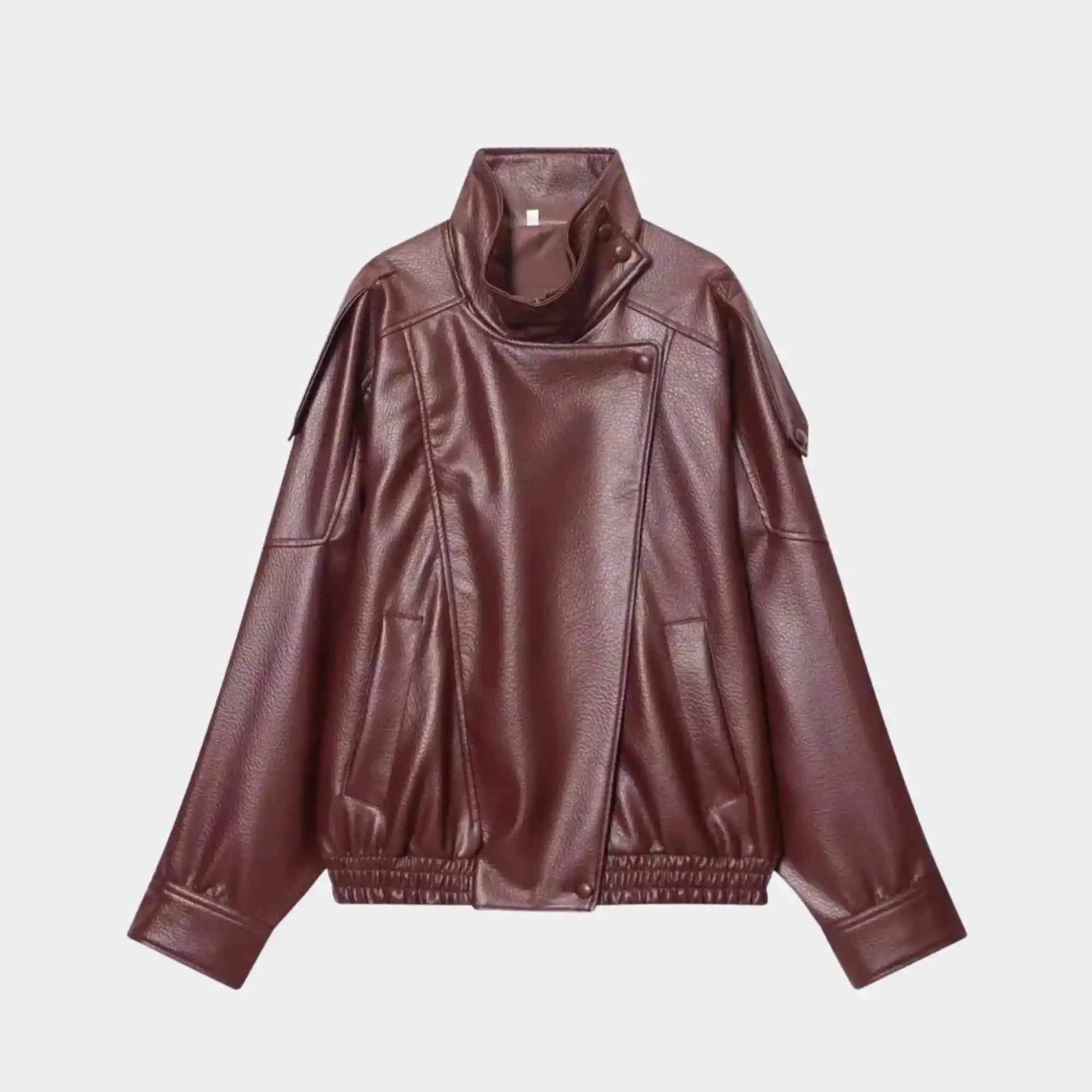 Jaqueta feminina oversized vinho em couro premium com gola alta e visual sofisticado