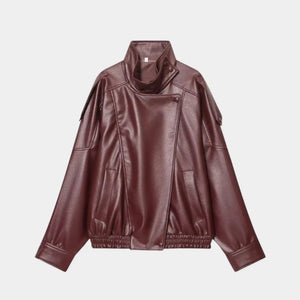 Jaqueta feminina oversized vinho em couro premium com gola alta e visual sofisticado